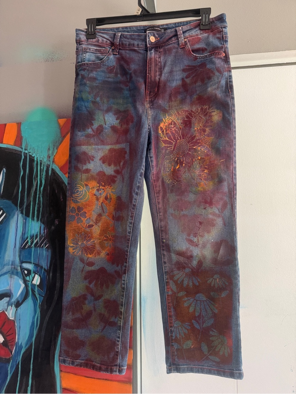 Hand painted size 14 flower streetwear jeans upcycled fashion